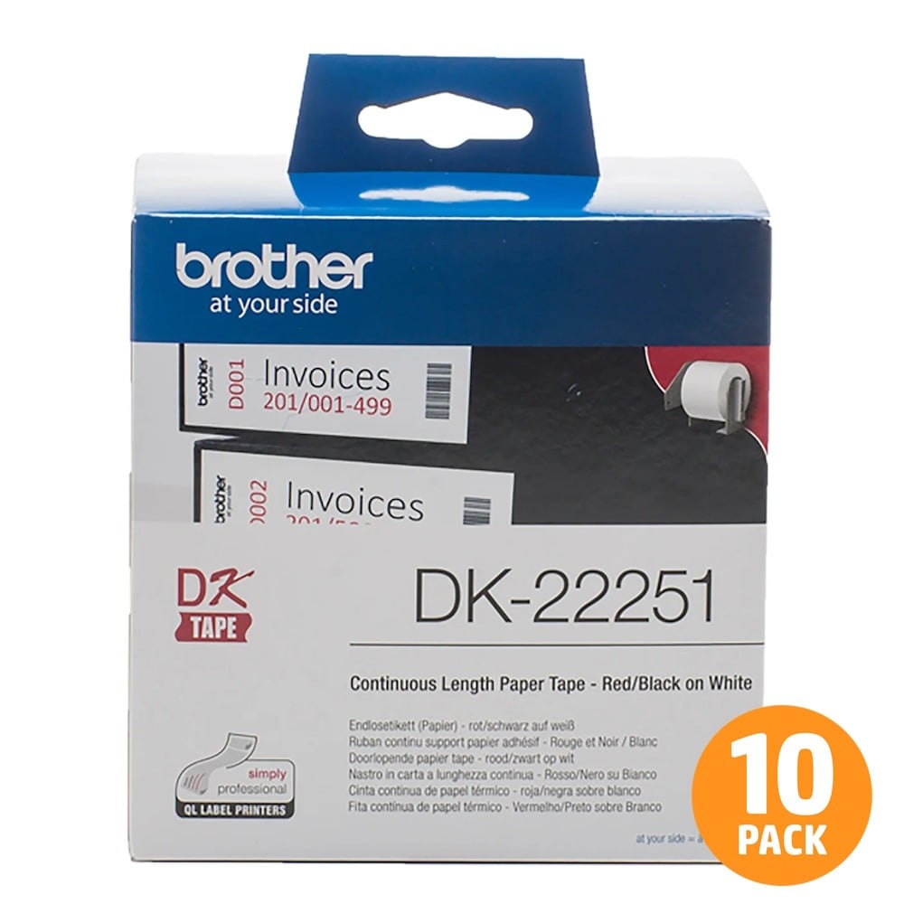 Brother DK-22251 Continuous Black & Red on White Label Roll - 62mm x 15.24m - 10 PACK