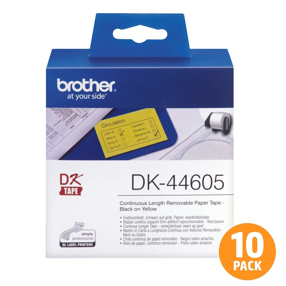 Brother DK-44605 Continuous Yellow Removable Adhesive Label Roll - 62mm x 30.48m - 10 PACK Brother DK-44605 Continuous Yellow Removable Adhesive Label Roll - 62mm x 30.48m - 10 PACK