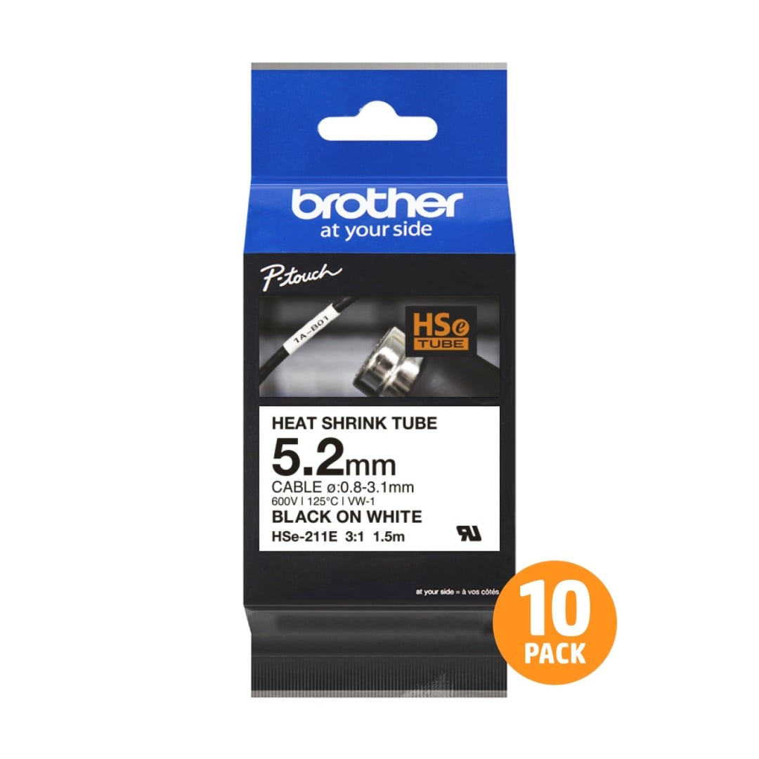 Brother HSe-211E 5.2mm Black Text On White Heat Shrink Tube Tape - 1.5 metres - 10 PACK