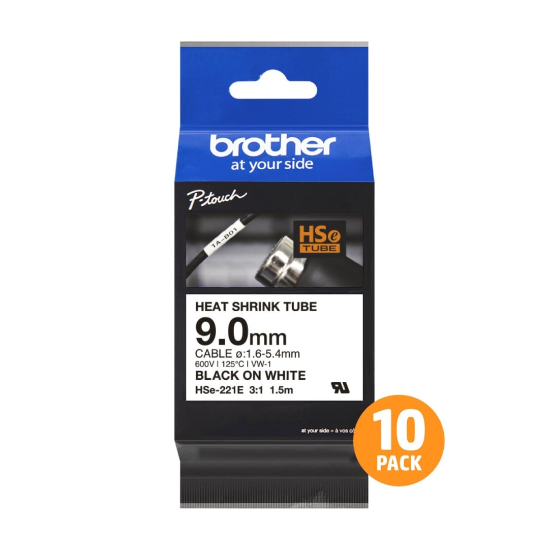 Brother HSe-221E 9.0mm Black Text On White Heat Shrink Tube Tape - 1.5 metres - 10 PACK