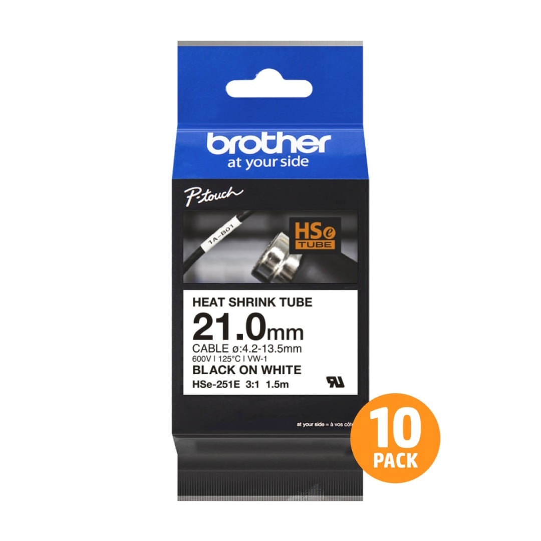 Brother HSe-251E 21.0mm Black Text On White Heat Shrink Tube Tape - 1.5 metres - 10 PACK