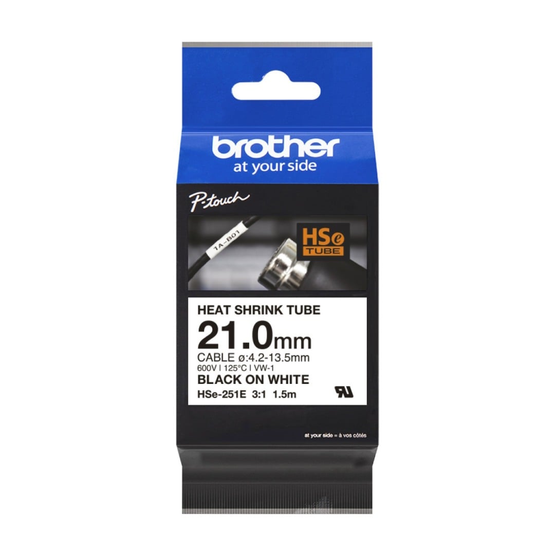 Brother HSe-251E 21.0mm Black Text On White Heat Shrink Tube Tape - 1.5 metres
