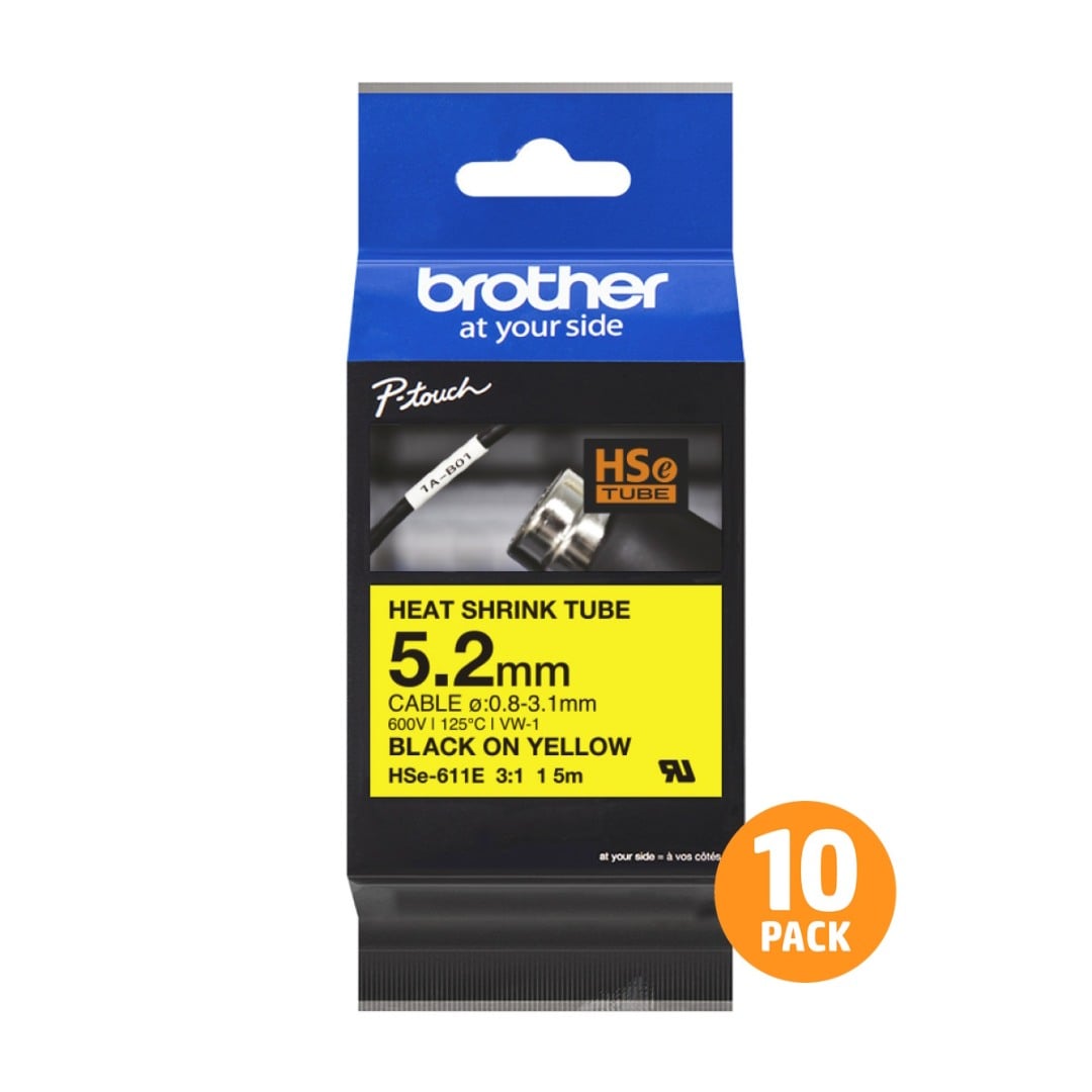 Brother HSe-611E 5.2mm Black Text On Yellow Heat Shrink Tube Tape - 1.5 metres - 10 PACK