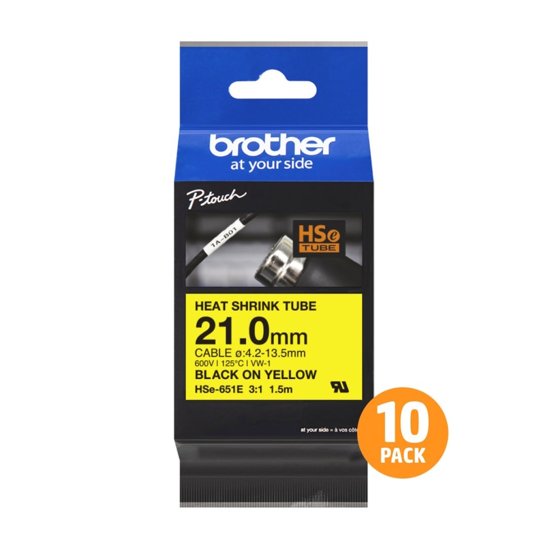 Brother HSe-651E 21.0mm Black Text On Yellow Heat Shrink Tube Tape - 1.5 metres - 10 PACK Brother HSe-651E 21.0mm Black Text On Yellow Heat Shrink Tube Tape - 1.5 metres - 10 PACK