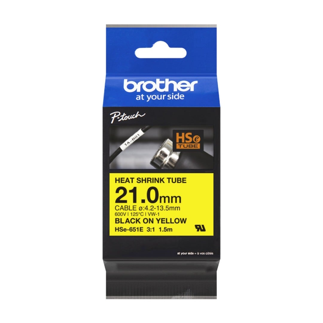 Brother HSe-651E 21.0mm Black Text On Yellow Heat Shrink Tube Tape - 1.5 metres Brother HSe-651E 21.0mm Black Text On Yellow Heat Shrink Tube Tape - 1.5 metres