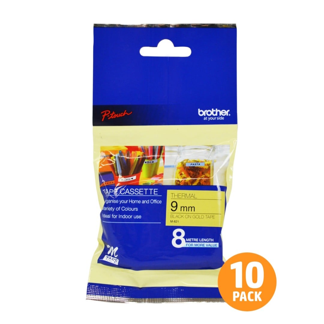 Brother M-821 9mm Black Text On Gold Tape - 8 metres - 10 PACK