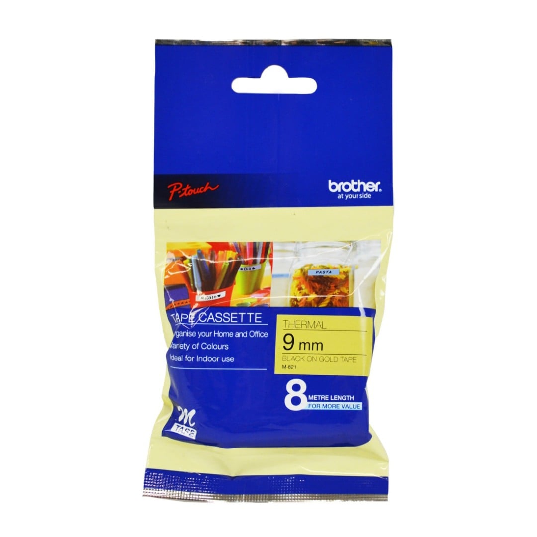 Brother M-821 9mm Black Text On Gold Tape - 8 metres