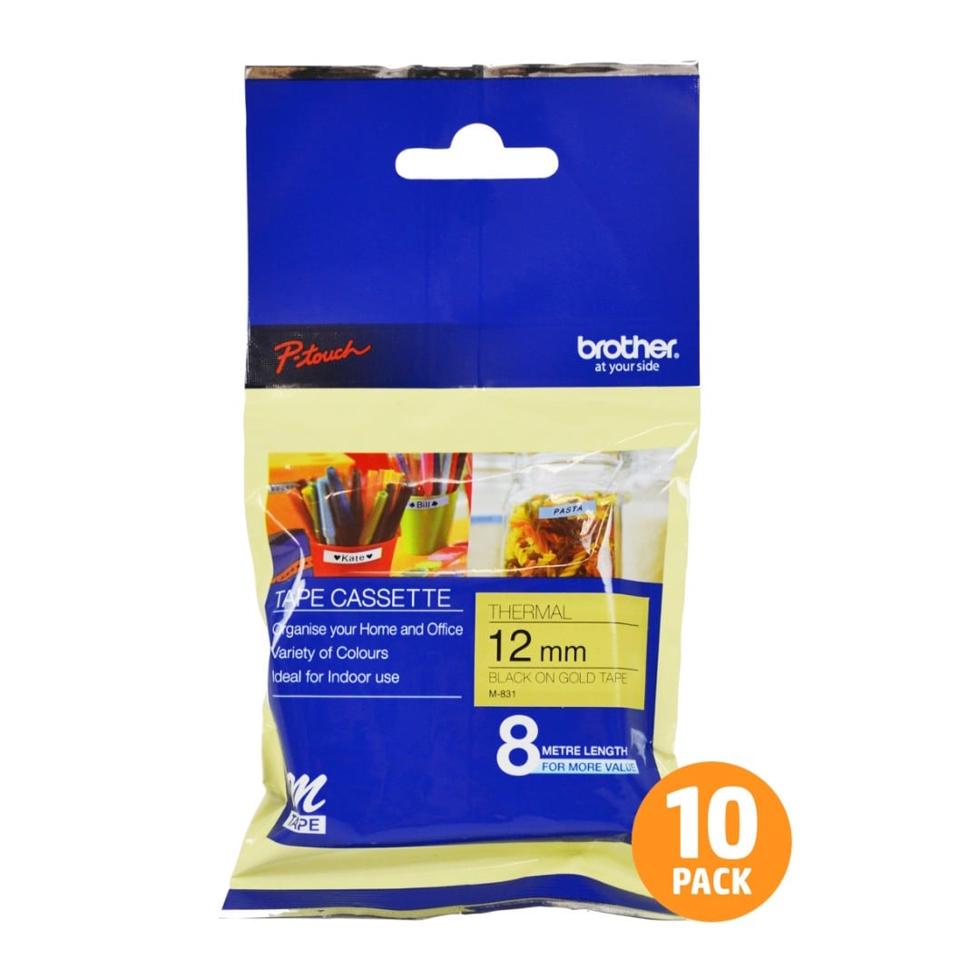 Brother M-831 12mm Black Text On Gold Tape - 8 metres - 10 PACK