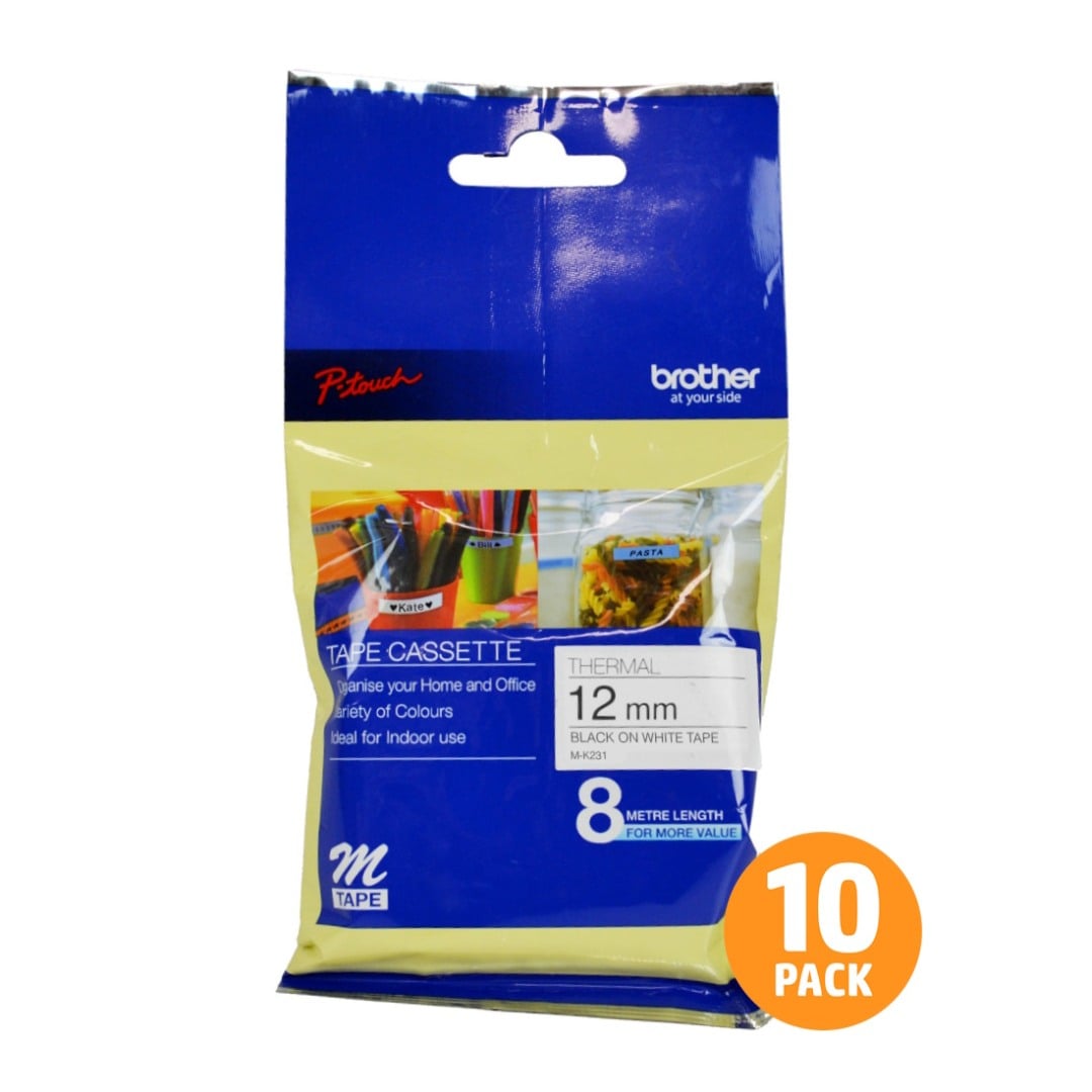 Brother M-K231 12mm Black Text On White Tape - 8 metres - 10 PACK