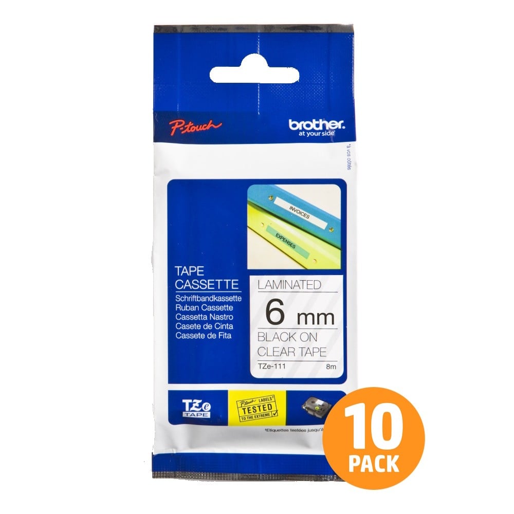 Brother TZe-111 6mm Black Text On Clear Tape - 8 metres - 10 PACK Brother TZe-111 6mm Black Text On Clear Tape - 8 metres - 10 PACK