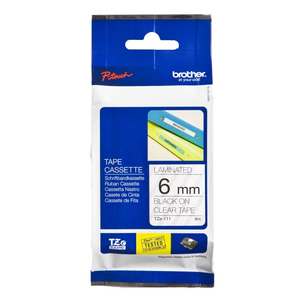 Brother TZe-111 6mm Black Text On Clear Tape - 8 metres Brother TZe-111 6mm Black Text On Clear Tape - 8 metres