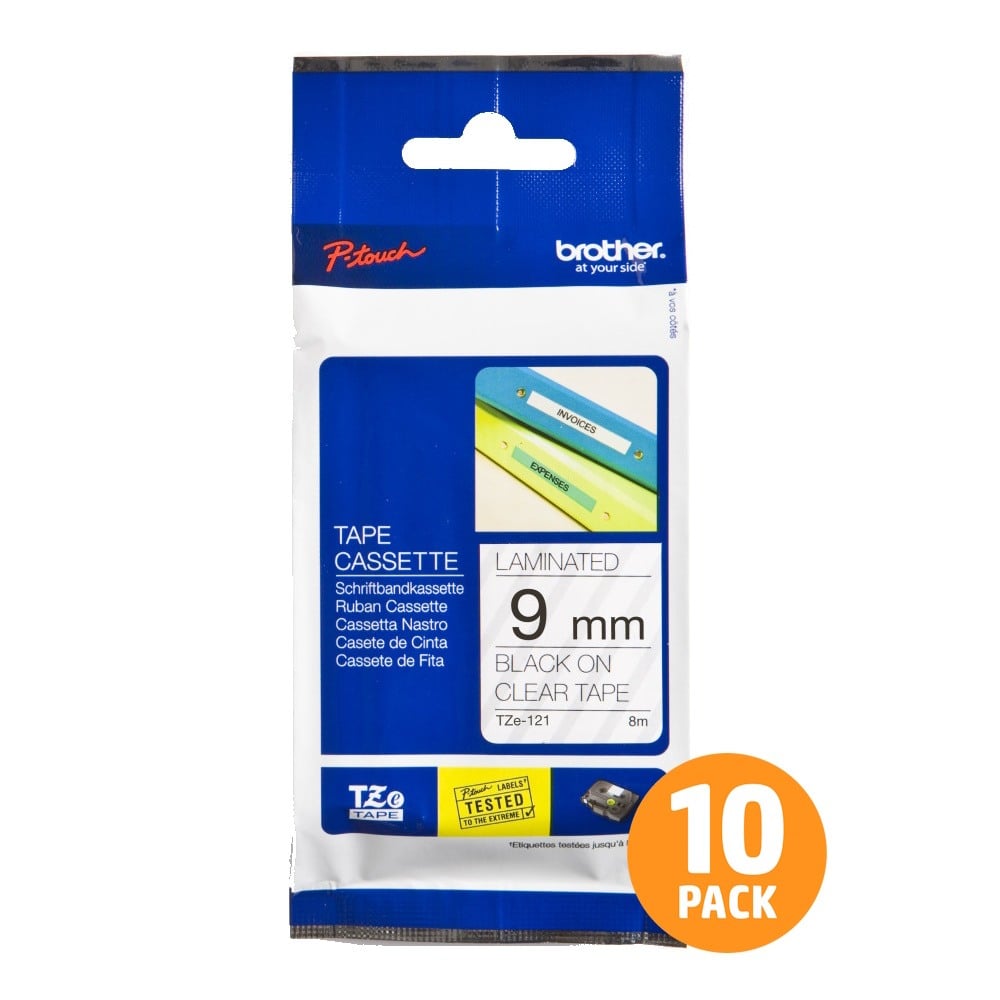 Brother TZe-121 9mm Black Text On Clear Tape - 8 metres - 10 PACK Brother TZe-121 9mm Black Text On Clear Tape - 8 metres - 10 PACK