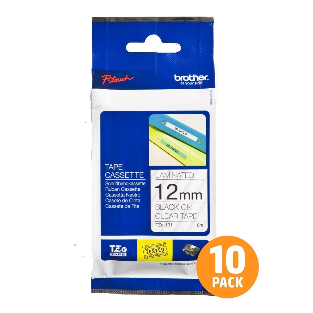 Brother TZe-131 12mm Black Text On Clear Tape - 8 metres - 10 PACK Brother TZe-131 12mm Black Text On Clear Tape - 8 metres - 10 PACK
