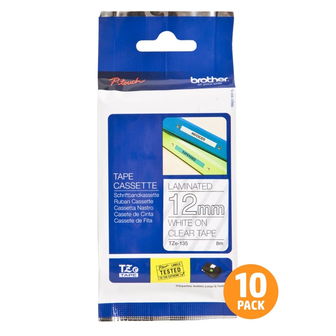 Brother TZe-135 12mm White Text On Clear Tape - 8 metres - 10 PACK Brother TZe-135 12mm White Text On Clear Tape - 8 metres - 10 PACK