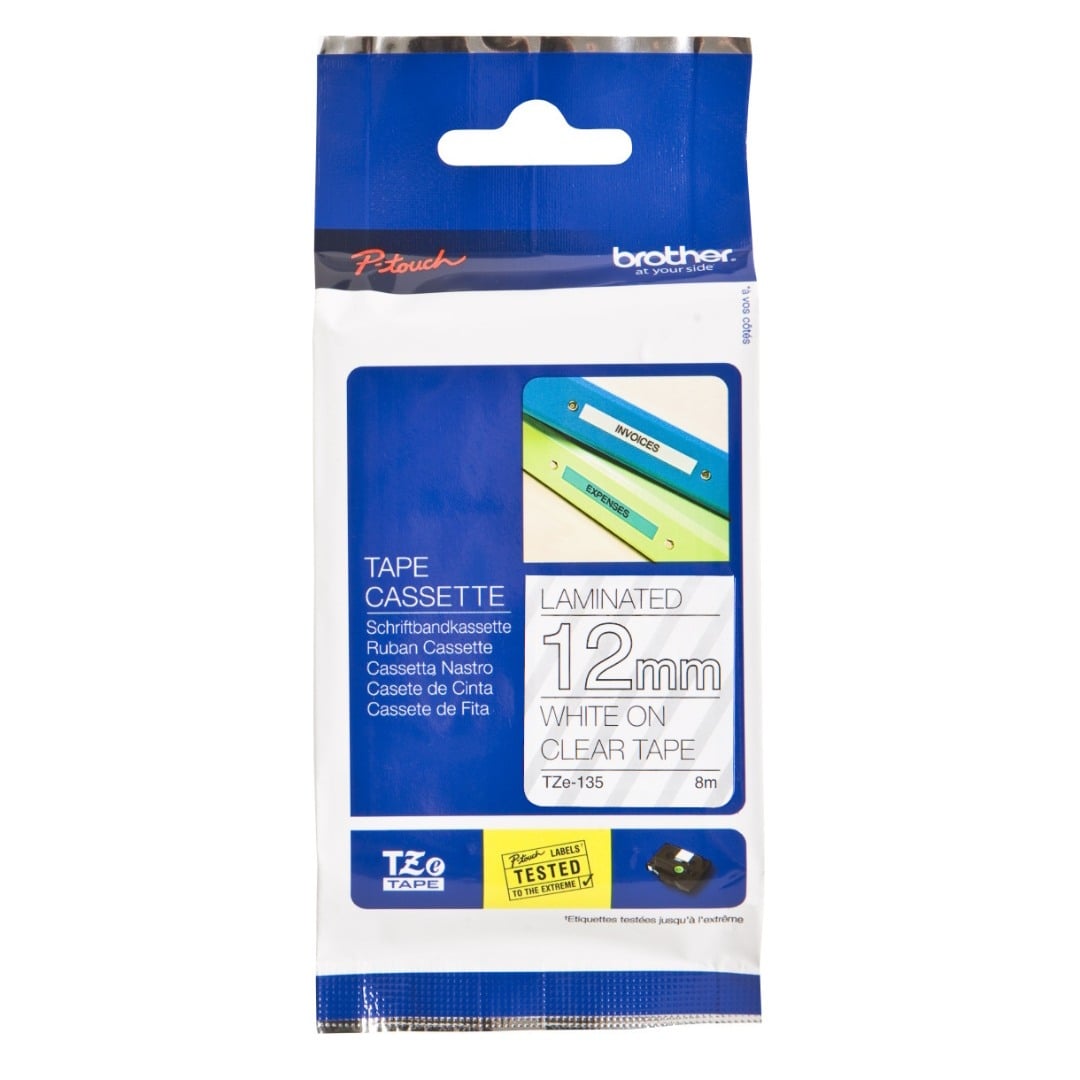 Brother TZe-135 12mm White Text On Clear Tape - 8 metres Brother TZe-135 12mm White Text On Clear Tape - 8 metres