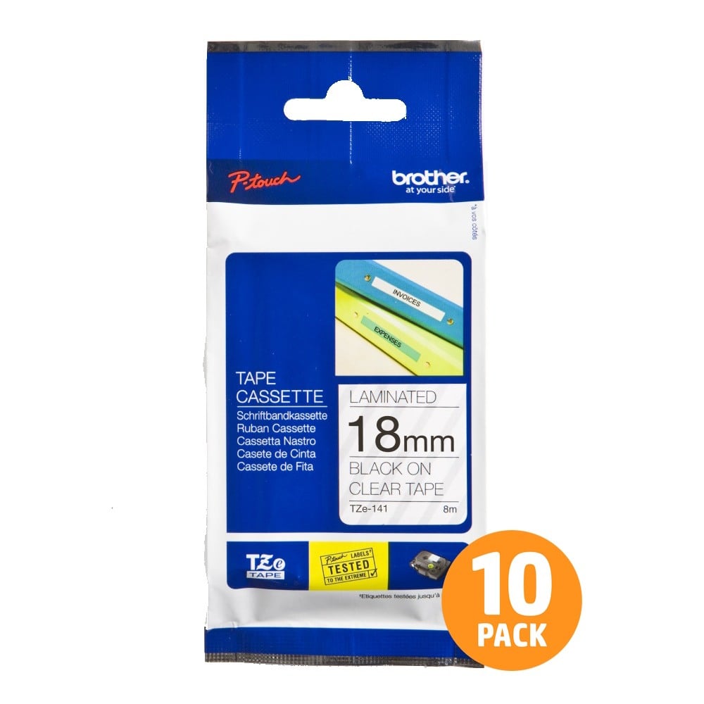 Brother TZe-141 18mm Black Text On Clear Tape - 8 metres - 10 PACK Brother TZe-141 18mm Black Text On Clear Tape - 8 metres - 10 PACK