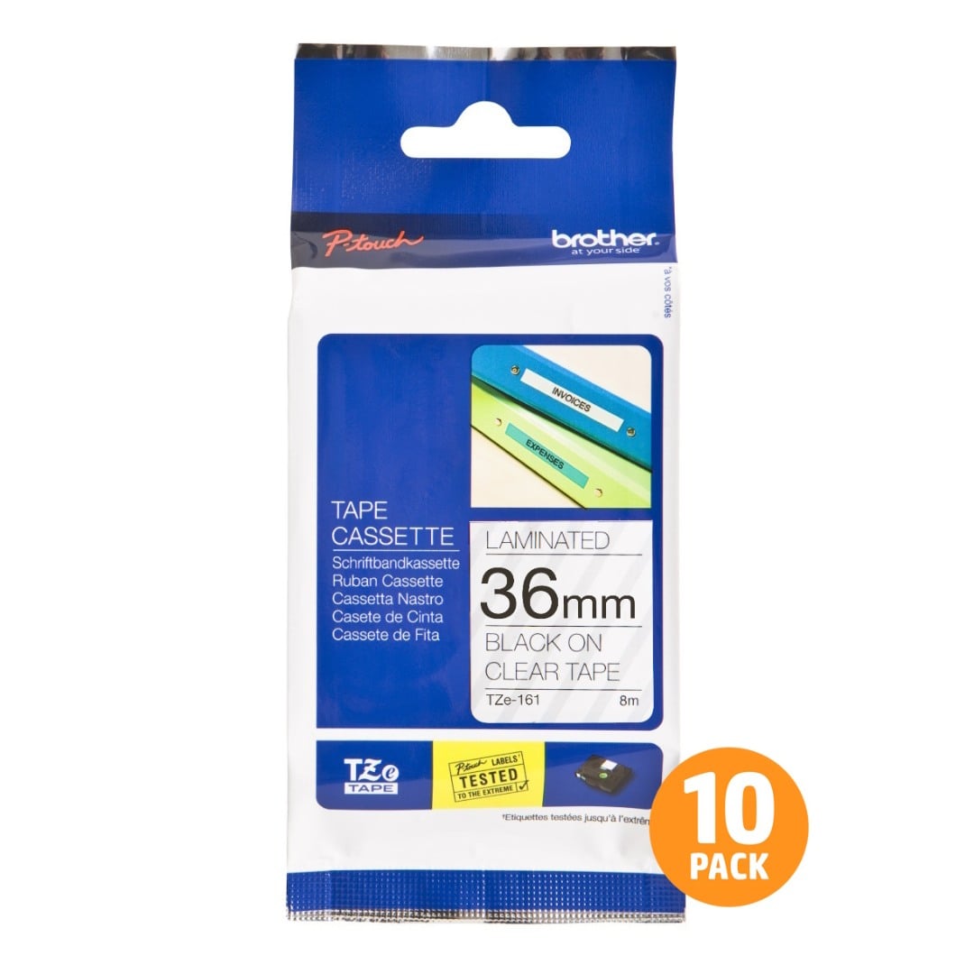 Brother TZe-161 36mm Black Text On Clear Tape - 8 metres - 10 PACK Brother TZe-161 36mm Black Text On Clear Tape - 8 metres - 10 PACK