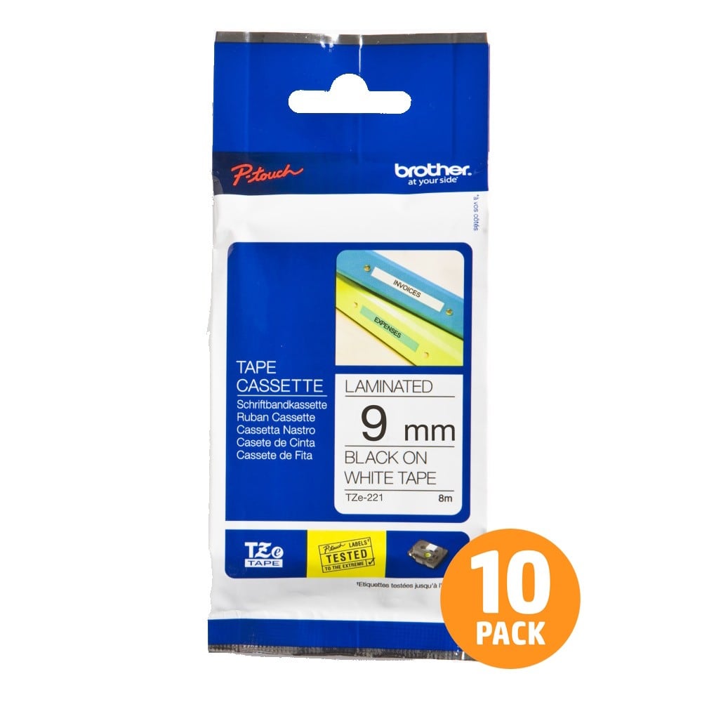 Brother TZe-221 9mm Black Text On White Tape - 8 metres - 10 PACK Brother TZe-221 9mm Black Text On White Tape - 8 metres - 10 PACK