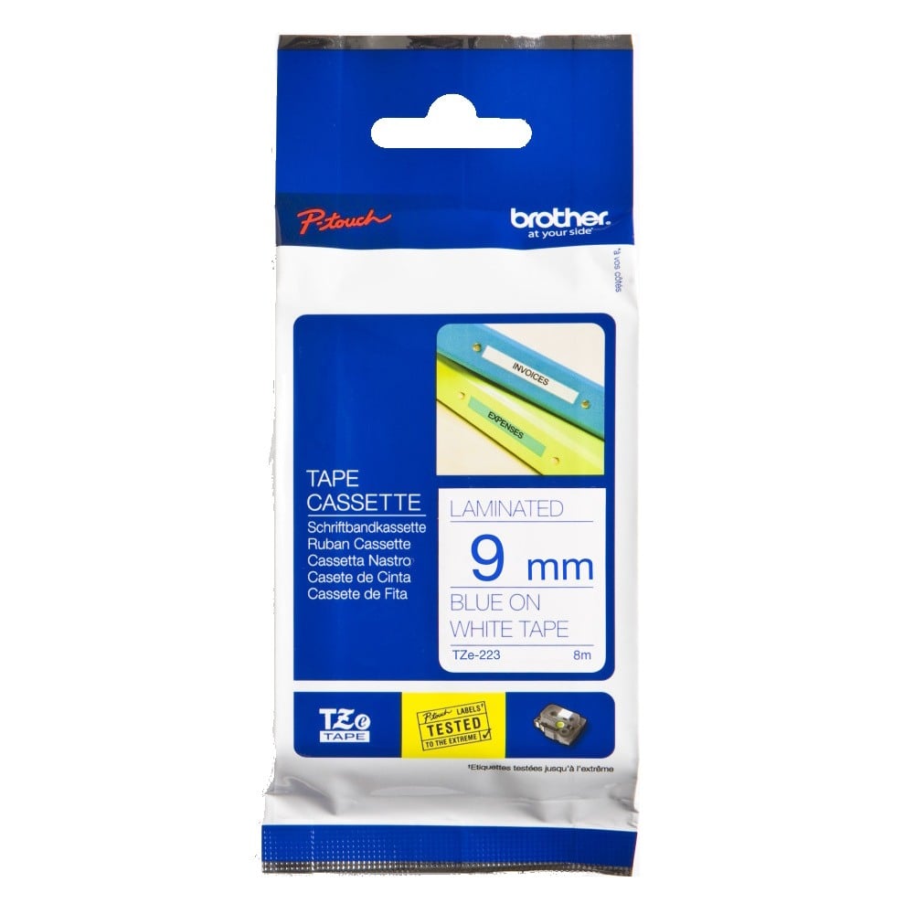 Brother TZe-223 9mm Blue Text On White Tape - 8 metres Brother TZe-223 9mm Blue Text On White Tape - 8 metres