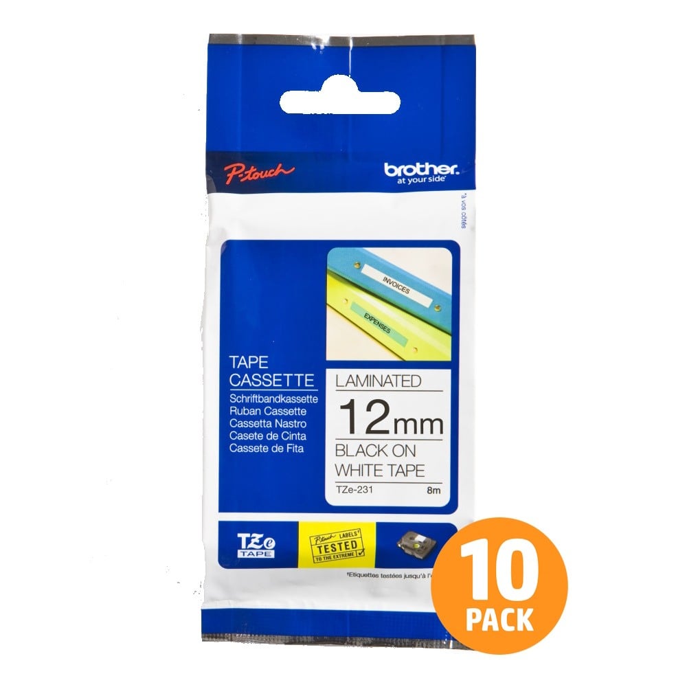 Brother TZe-231 12mm Black Text On White Tape - 8 metres - 10 PACK Brother TZe-231 12mm Black Text On White Tape - 8 metres - 10 PACK
