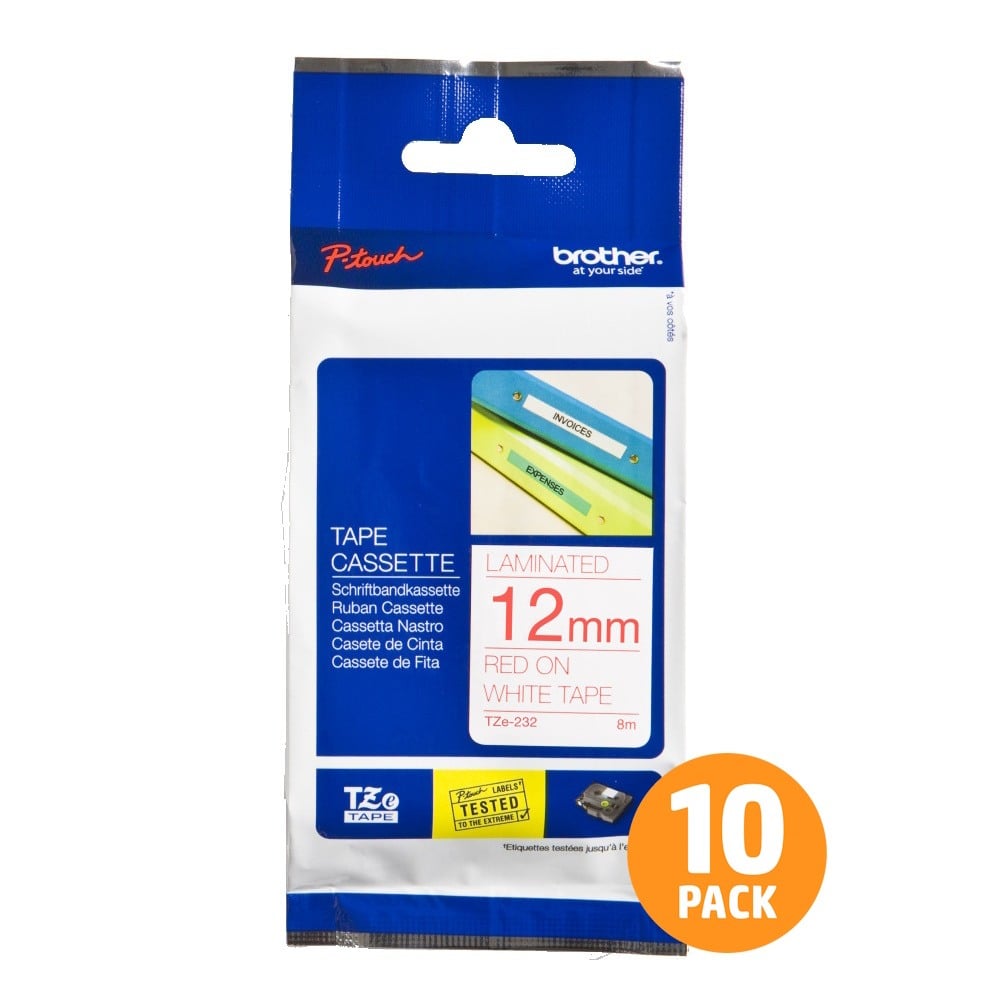 Brother TZe-232 12mm Red Text On White Tape - 8 metres - 10 PACK Brother TZe-232 12mm Red Text On White Tape - 8 metres - 10 PACK