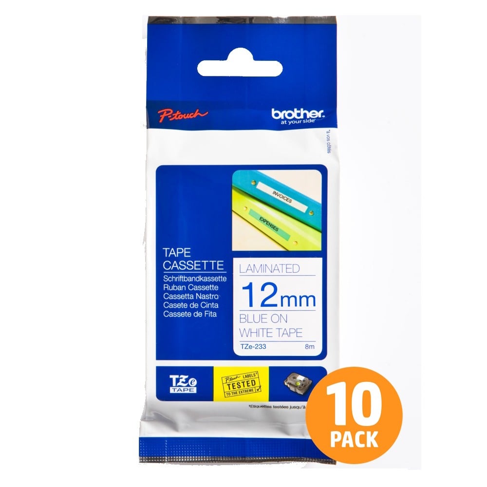 Brother TZe-233 12mm Blue Text On White Tape - 8 metres - 10 PACK Brother TZe-233 12mm Blue Text On White Tape - 8 metres - 10 PACK
