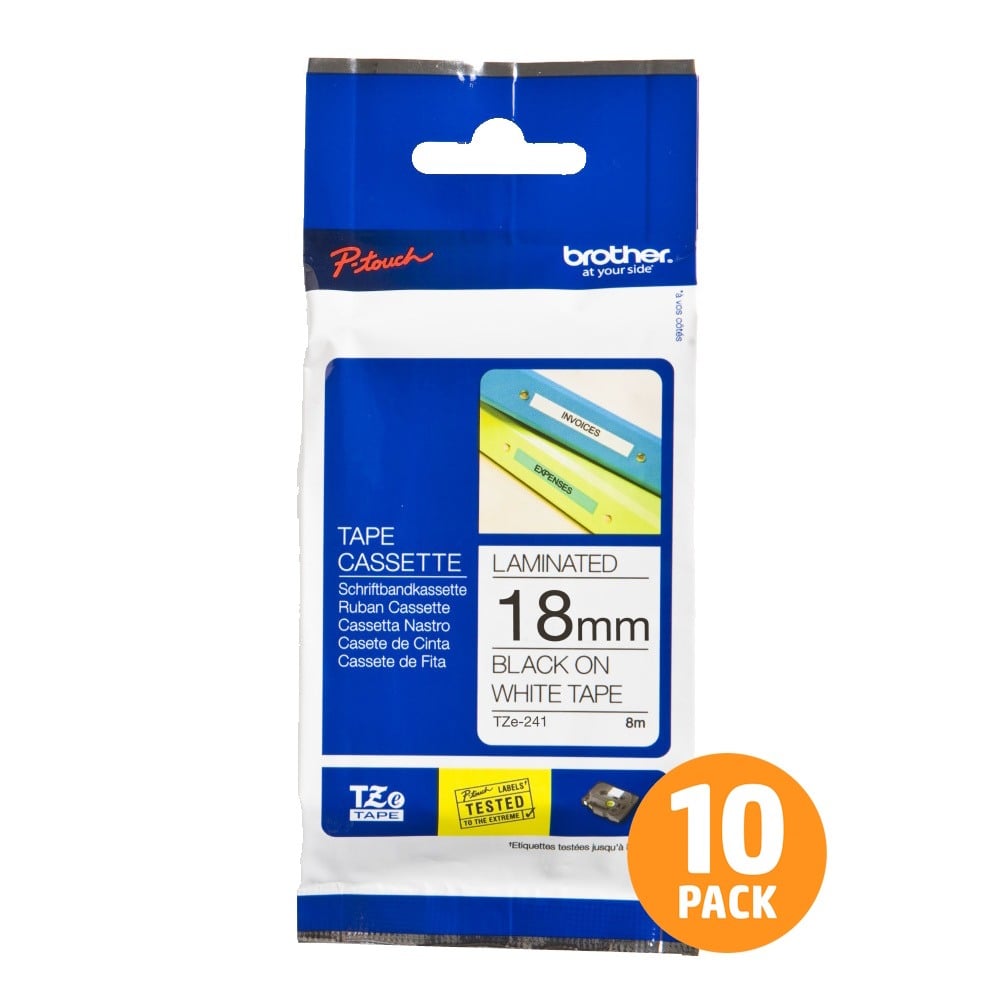 Brother TZe-241 18mm Black Text On White Tape - 8 metres - 10 PACK Brother TZe-241 18mm Black Text On White Tape - 8 metres - 10 PACK