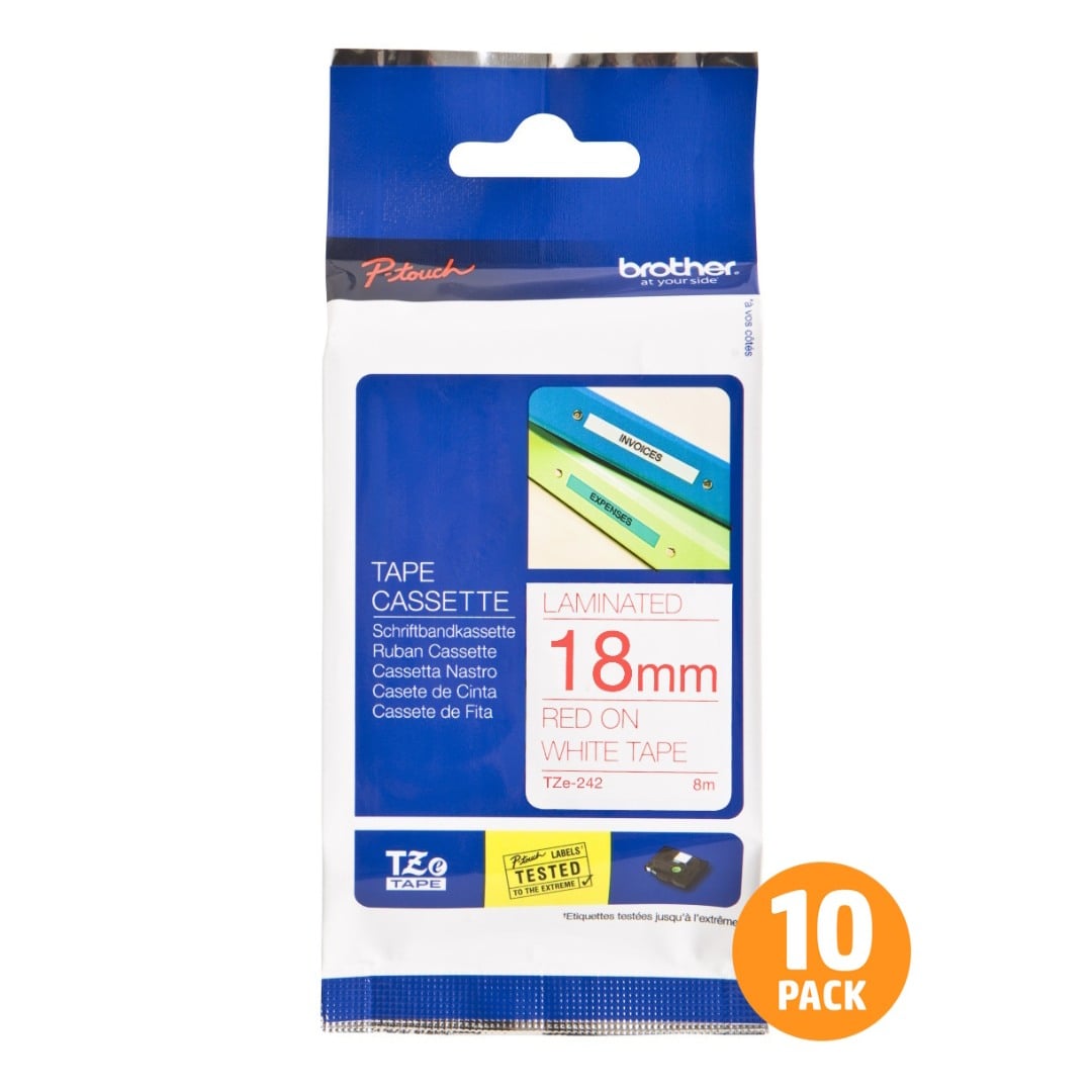 Brother TZe-242 18mm Red Text On White Tape - 8 metres - 10 PACK Brother TZe-242 18mm Red Text On White Tape - 8 metres - 10 PACK