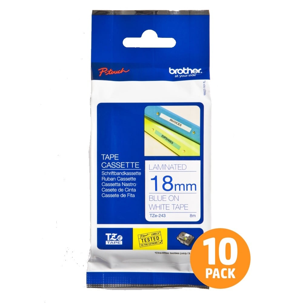 Brother TZe-243 18mm Blue Text On White Tape - 8 metres - 10 PACK Brother TZe-243 18mm Blue Text On White Tape - 8 metres - 10 PACK