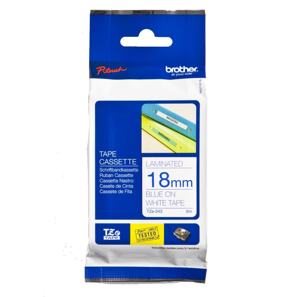 Brother TZe-243 18mm Blue Text On White Tape - 8 metres Brother TZe-243 18mm Blue Text On White Tape - 8 metres