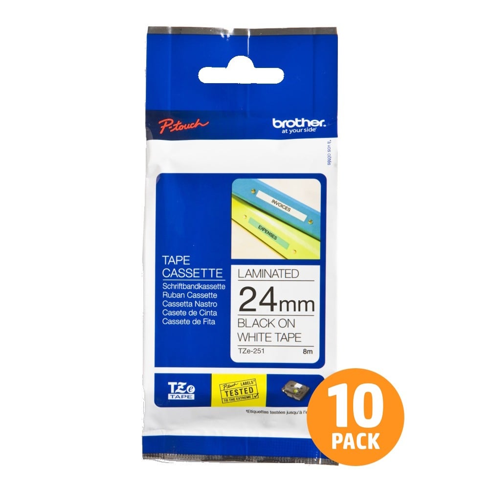 Brother TZe-251 24mm Black Text On White Tape - 8 metres - 10 PACK Brother TZe-251 24mm Black Text On White Tape - 8 metres - 10 PACK