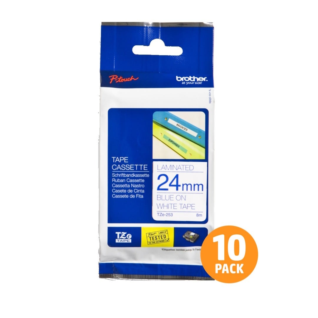 Brother TZe-253 24mm Blue Text On White Tape - 8 metres - 10 PACK Brother TZe-253 24mm Blue Text On White Tape - 8 metres - 10 PACK