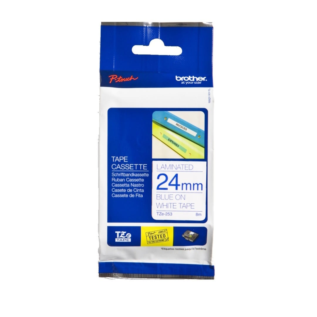 Brother TZe-253 24mm Blue Text On White Tape - 8 metres Brother TZe-253 24mm Blue Text On White Tape - 8 metres