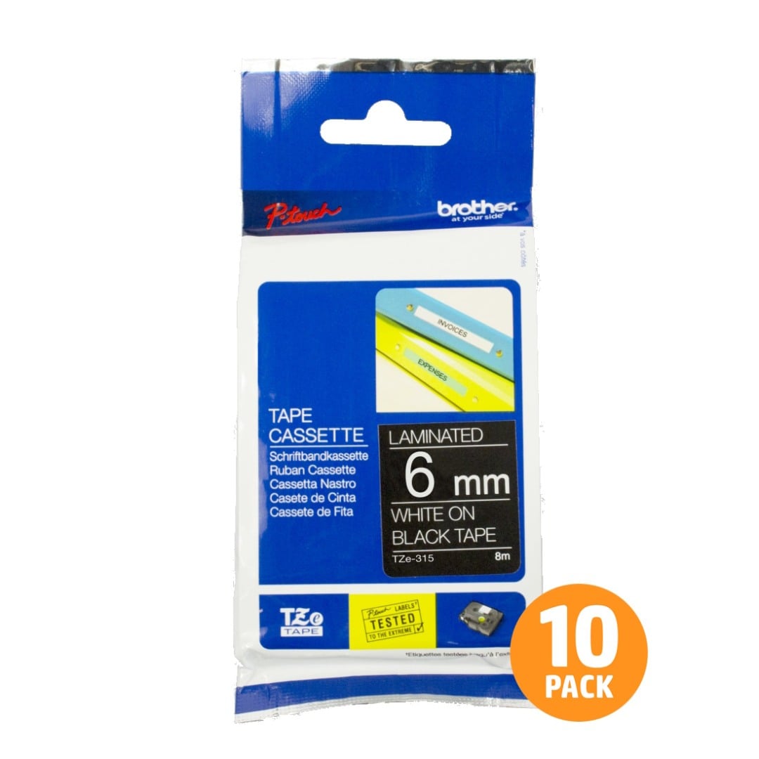 Brother TZe-315 6mm White Text On Black Tape - 8 metres - 10 PACK Brother TZe-315 6mm White Text On Black Tape - 8 metres - 10 PACK