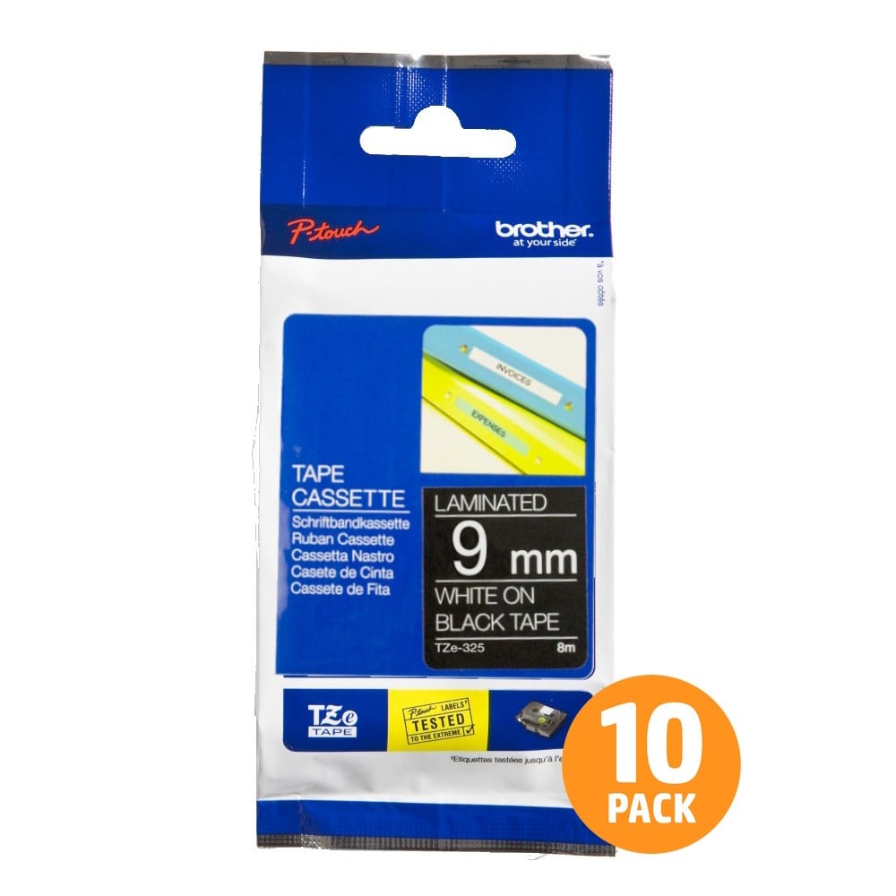 Brother TZe-325 9mm White Text On Black Tape - 8 metres - 10 PACK Brother TZe-325 9mm White Text On Black Tape - 8 metres - 10 PACK