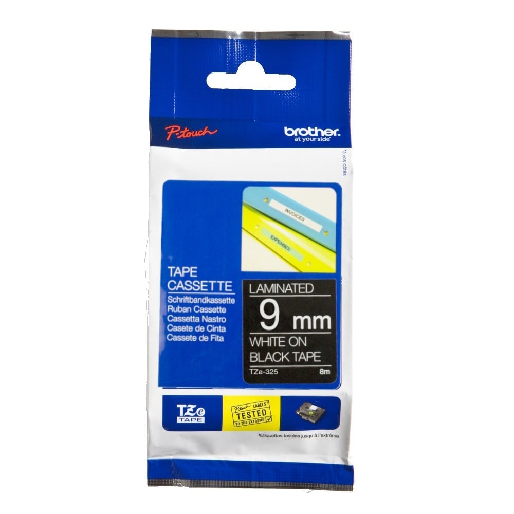 Brother TZe-325 9mm White Text On Black Tape - 8 metres Brother TZe-325 9mm White Text On Black Tape - 8 metres