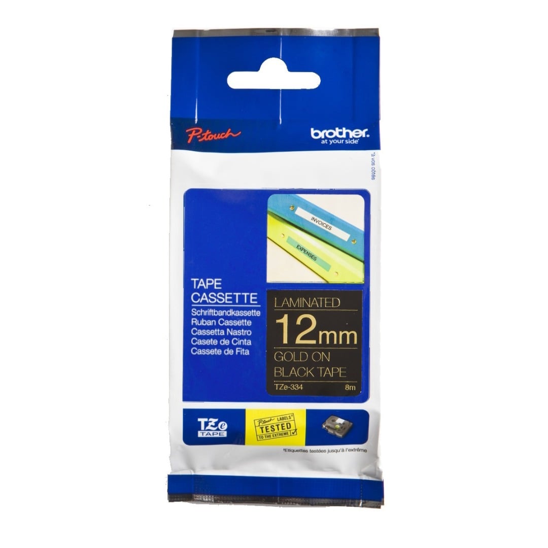 Brother TZe-334 12mm Gold Text On Black Tape - 8 metres Brother TZe-334 12mm Gold Text On Black Tape - 8 metres