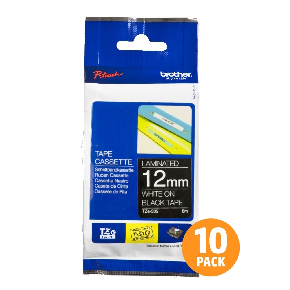Brother TZe-335 12mm White Text On Black Tape - 8 metres - 10 PACK Brother TZe-335 12mm White Text On Black Tape - 8 metres - 10 PACK