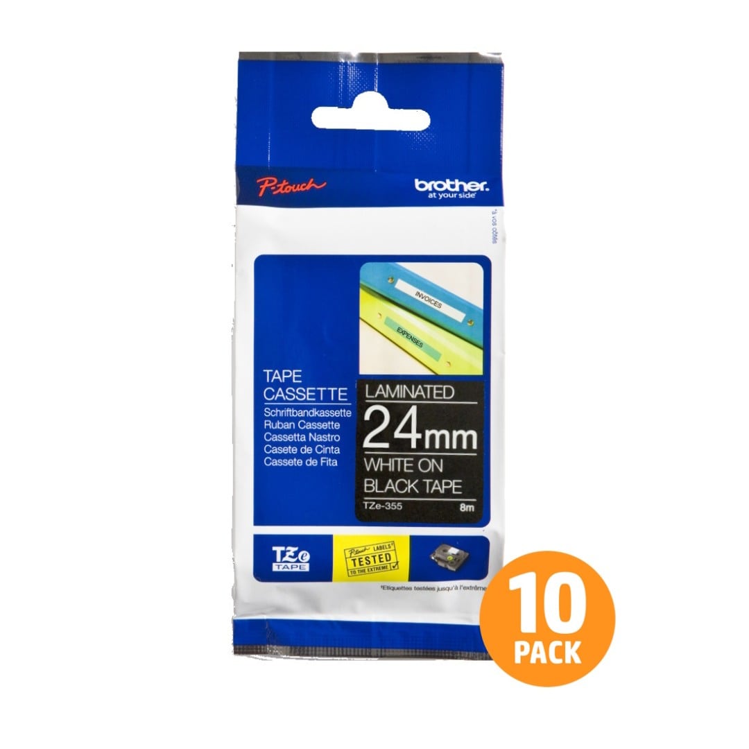 Brother TZe-355 24mm White Text On Black Tape - 8 metres - 10 PACK Brother TZe-355 24mm White Text On Black Tape - 8 metres - 10 PACK
