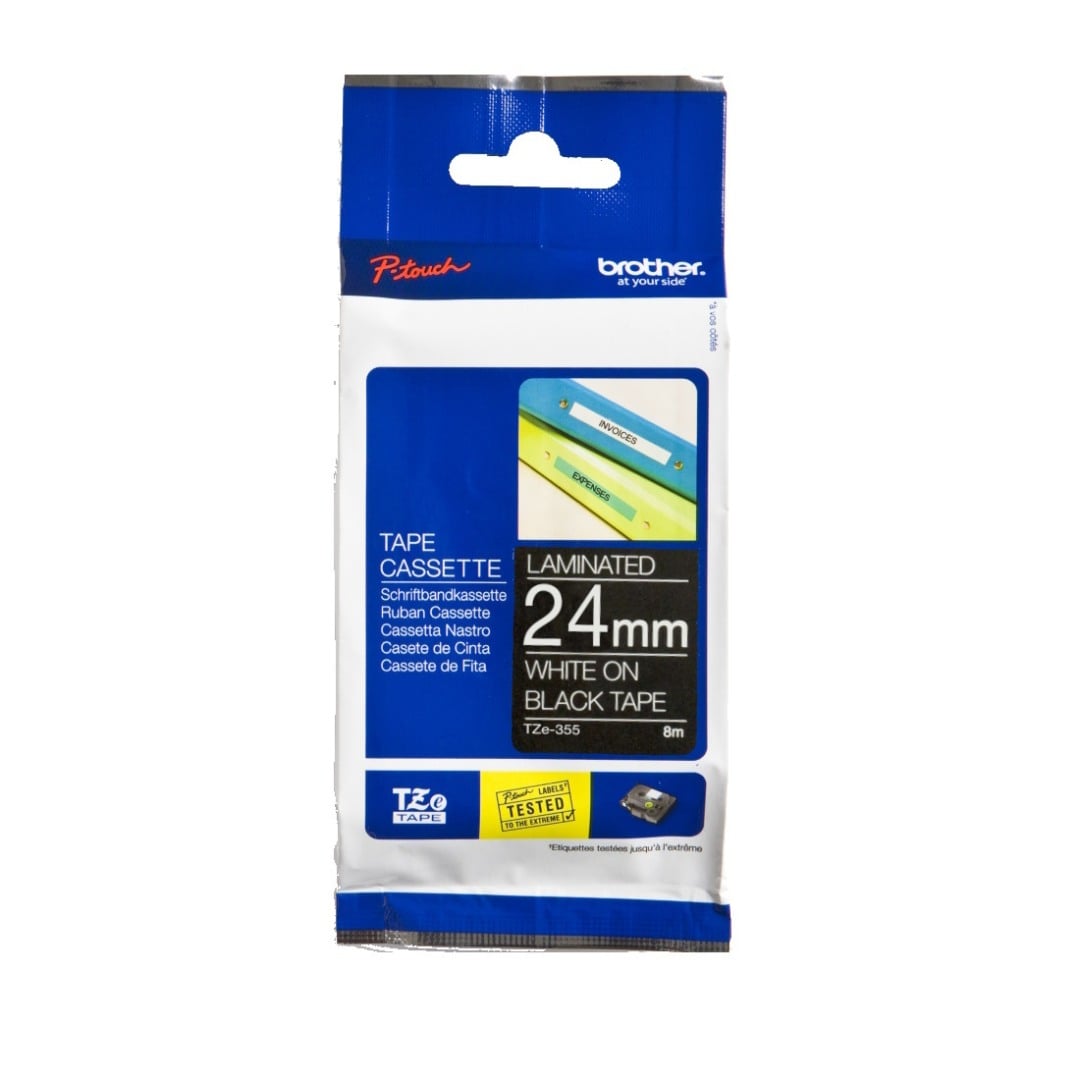 Brother TZe-355 24mm White Text On Black Tape - 8 metres Brother TZe-355 24mm White Text On Black Tape - 8 metres