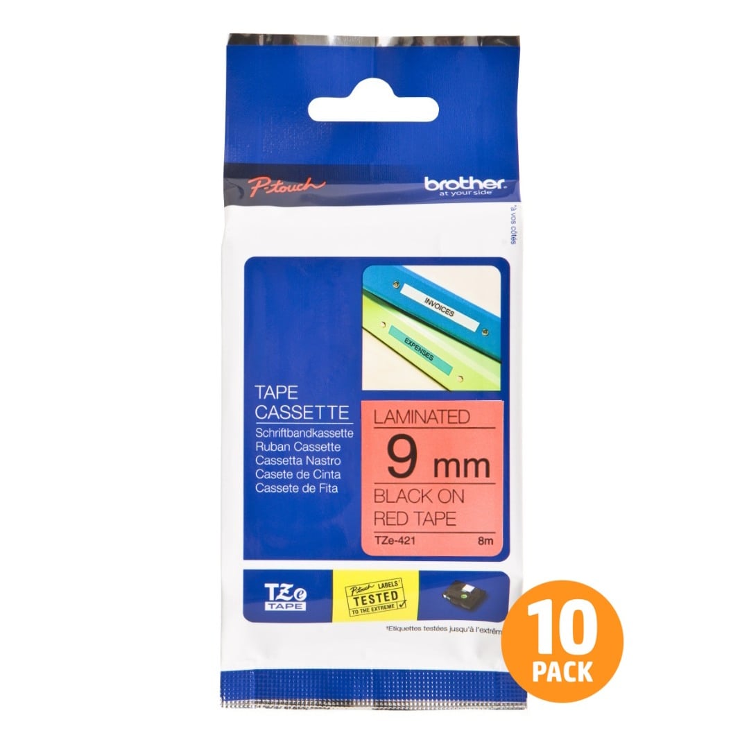 Brother TZe-421 9mm Black Text On Red Tape - 8 metres - 10 PACK Brother TZe-421 9mm Black Text On Red Tape - 8 metres - 10 PACK