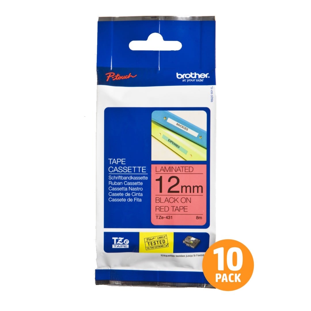 Brother TZe-431 12mm Black Text On Red Tape - 8 metres - 10 PACK Brother TZe-431 12mm Black Text On Red Tape - 8 metres - 10 PACK