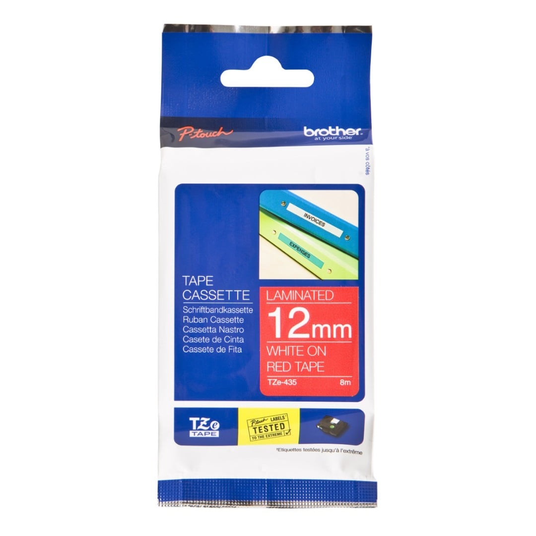 Brother TZe-435 12mm White Text On Red Tape - 8 metres Brother TZe-435 12mm White Text On Red Tape - 8 metres
