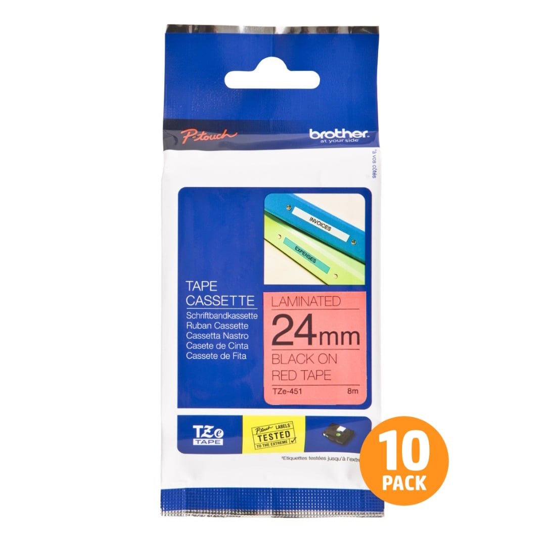 Brother TZe-451 24mm Black Text On Red Tape - 8 metres - 10 PACK Brother TZe-451 24mm Black Text On Red Tape - 8 metres - 10 PACK