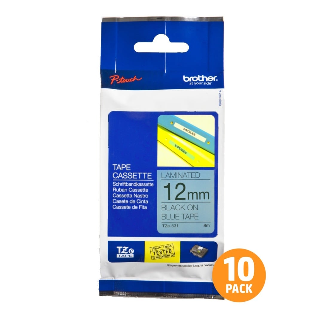 Brother TZe-531 12mm Black Text On Blue Tape - 8 metres - 10 PACK Brother TZe-531 12mm Black Text On Blue Tape - 8 metres - 10 PACK