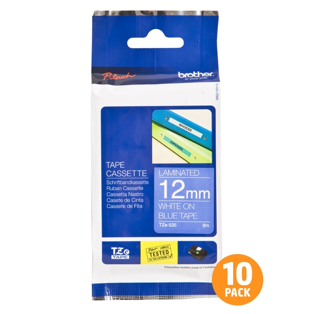 Brother TZe-535 12mm White Text On Blue Tape - 8 metres - 10 PACK Brother TZe-535 12mm White Text On Blue Tape - 8 metres - 10 PACK