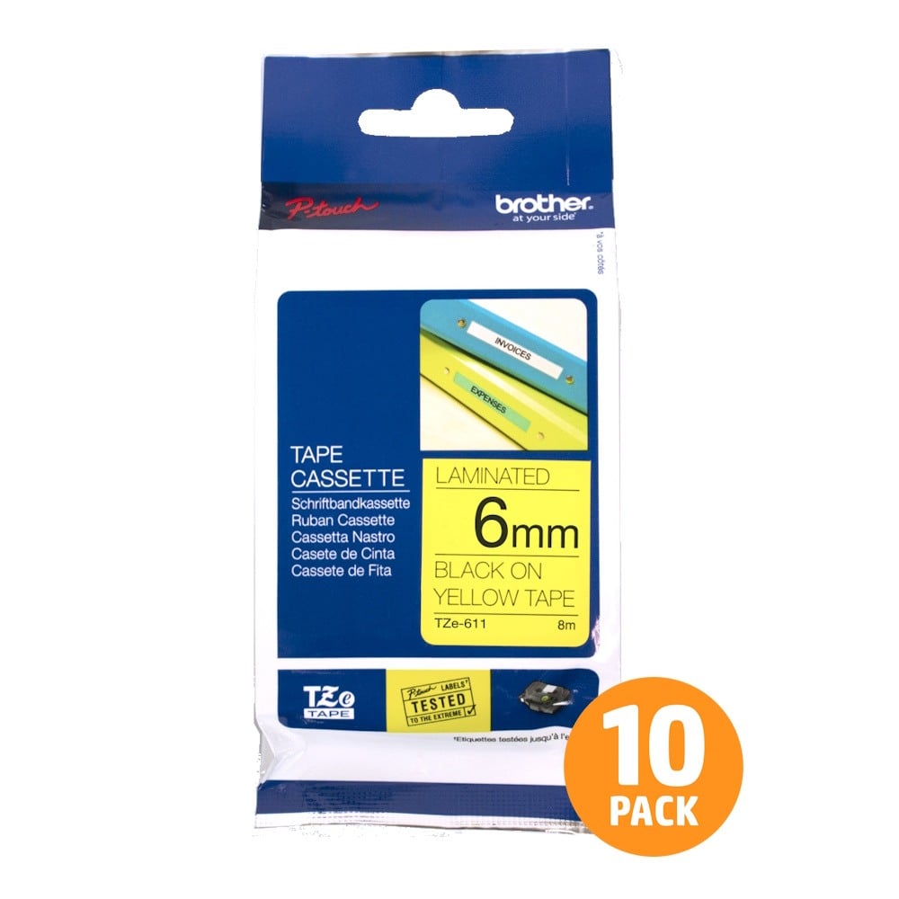 Brother TZe-611 6mm Black Text On Yellow Tape - 8 metres - 10 PACK Brother TZe-611 6mm Black Text On Yellow Tape - 8 metres - 10 PACK