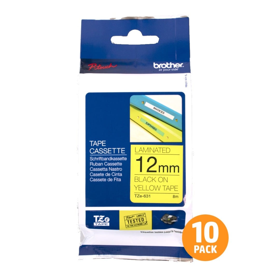 Brother TZe-631 12mm Black Text On Yellow Tape - 8 metres - 10 PACK Brother TZe-631 12mm Black Text On Yellow Tape - 8 metres - 10 PACK