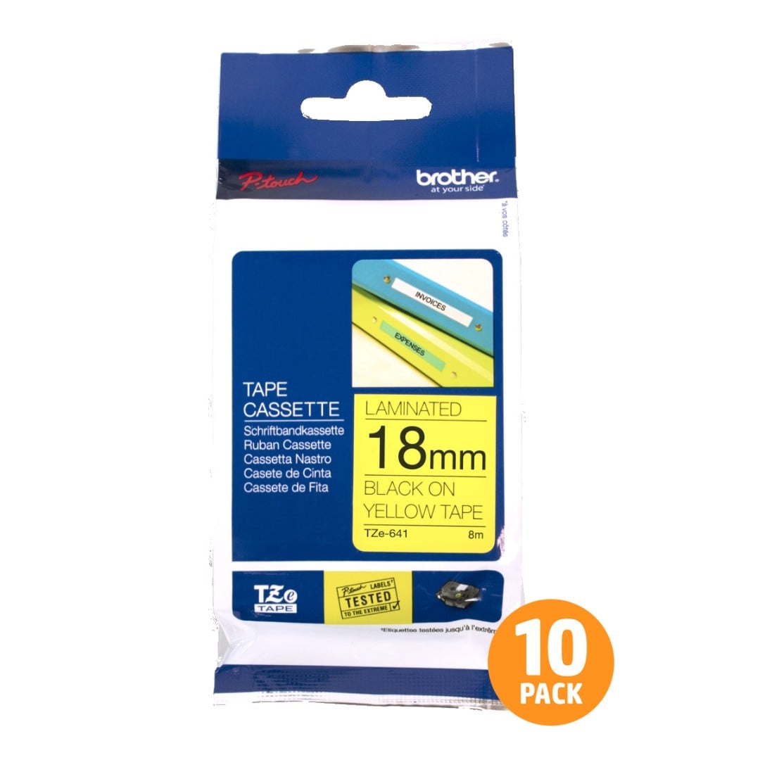 Brother TZe-641 18mm Black Text On Yellow Tape - 8 metres - 10 PACK Brother TZe-641 18mm Black Text On Yellow Tape - 8 metres - 10 PACK