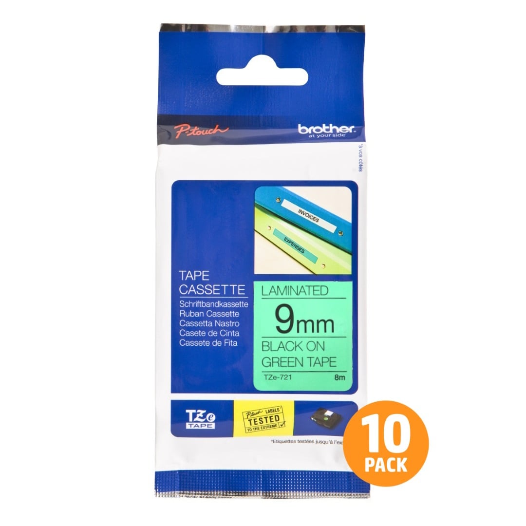 Brother TZe-721 9mm Black Text On Green Tape - 8 metres - 10 PACK Brother TZe-721 9mm Black Text On Green Tape - 8 metres - 10 PACK
